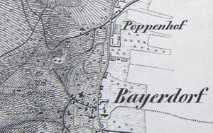 Der Ansitz über dem Dorf (heller Fleck) auf einem Plan. - 1835